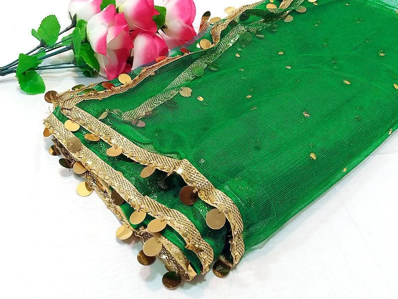 Long Party Dresses with Train for Ladies' Red Carpet EventsFancy Coin Lace Net Dupatta - Green (DZ15006)