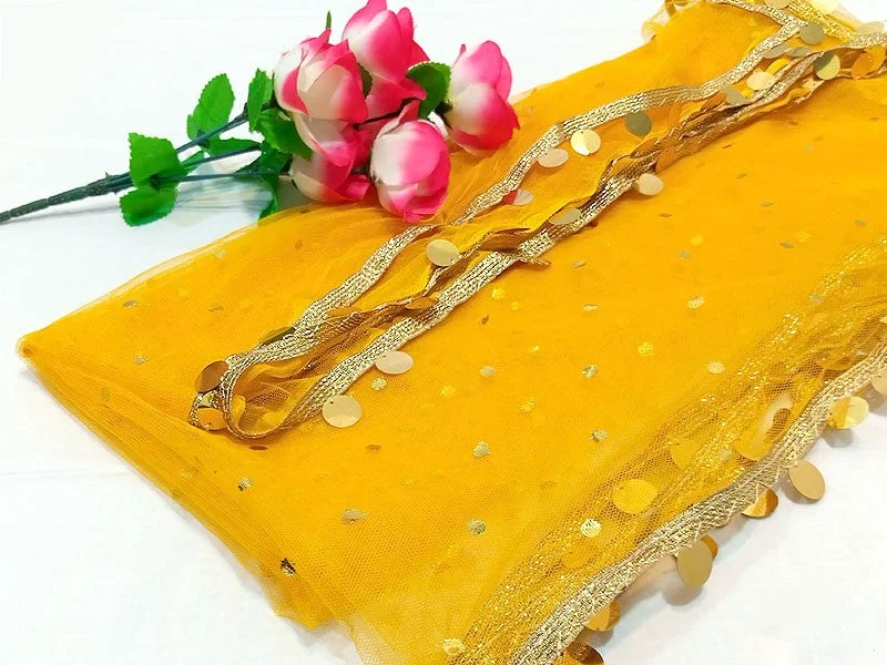 Backless Party Dresses with Rhinestone Embellishments for Ladies' Sexy LookFancy Coin Lace Net Dupatta - Yellow (DZ15007)