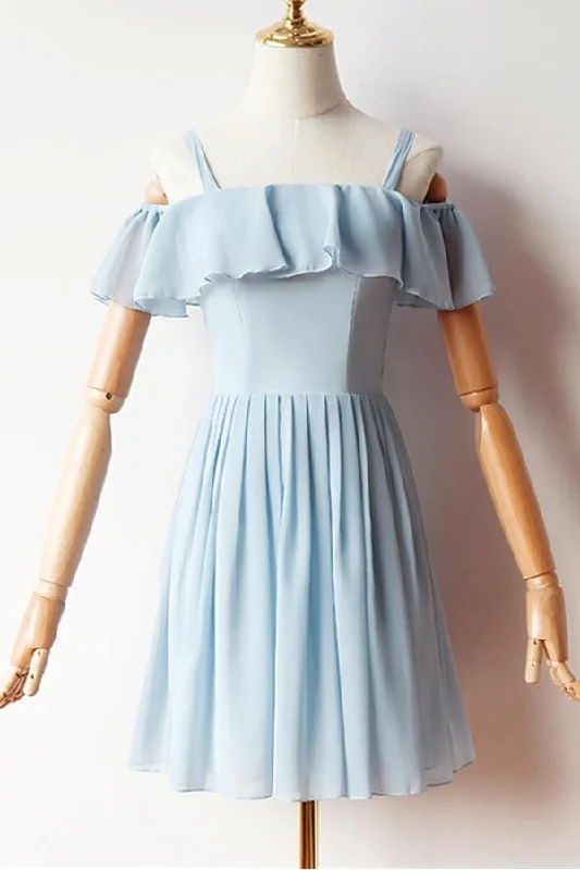 Party Dresses with Sequined Star Motifs and Sheer Sleeve and Ruffled Hem for Ladies' Celestial and Flirty LookCold Sleeves Short Prom Dress Blue Chiffon Homecoming Dress PD427