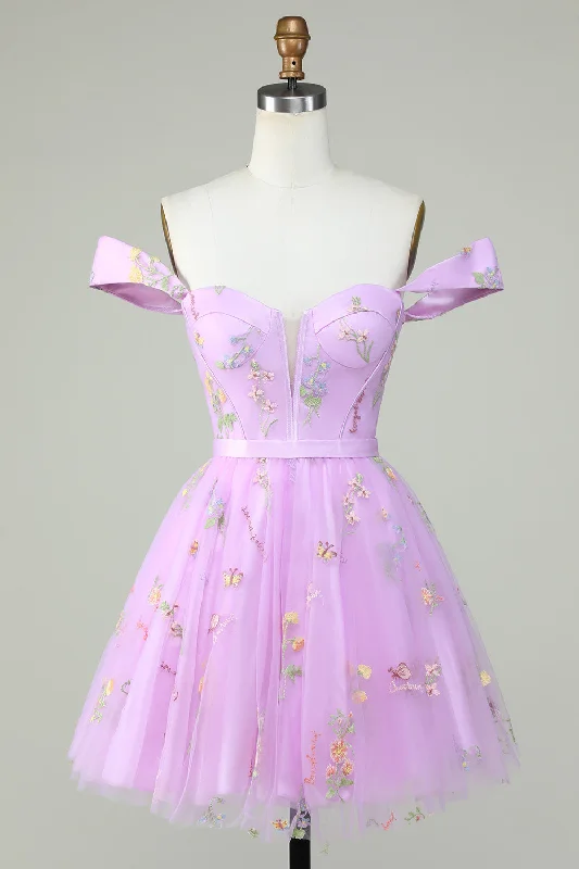 Party Dresses with Cut Out Details and Lace Insertions for Ladies' Bold and Feminine LookCute A Line Sweetheart Purple Short Prom Dress with Embroidery