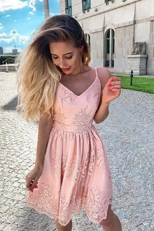 Halter Neck Party Dresses with Ruffled Hem for Ladies' Summer CelebrationsCute A Line V Neck Spaghetti Straps Blush Pink Lace Homecoming Dresses PD425