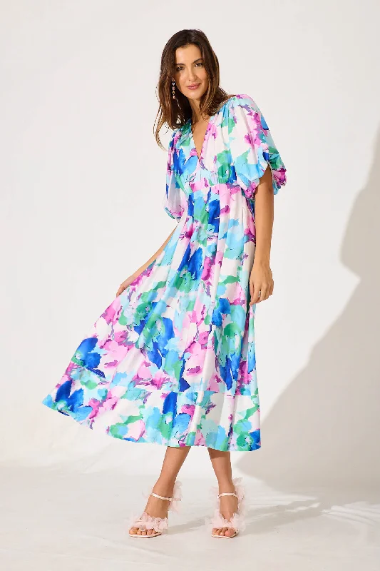 Off - the - shoulder midi dress for a flirty and romantic lookDaydreamer Midi Dress In White With Blue Multi Floral Off - the - shoulder midi dress for a flirty and romantic lookDaydreamer Midi Dress In White With Blue Multi Floral