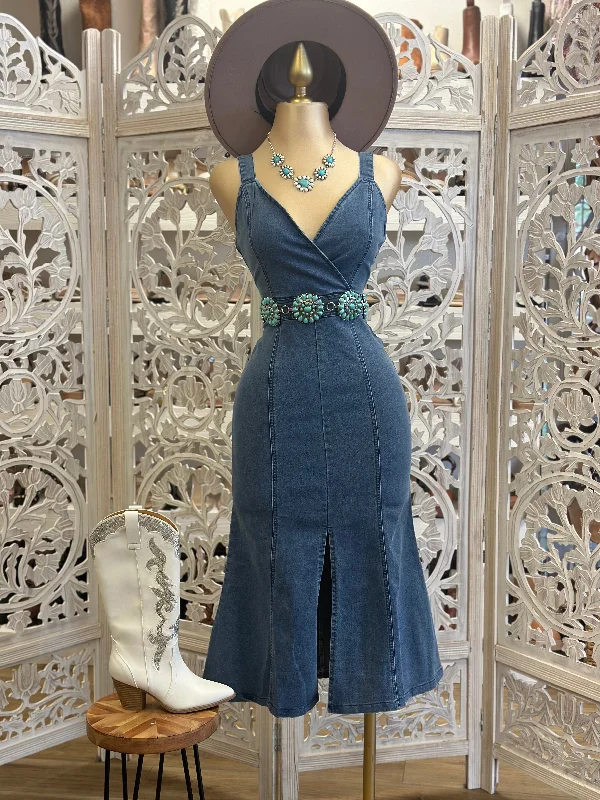 Midi dress for a school event such as a sports day or field tripDenim Cross Fromt Midi Dress- Slightly Stretchy
