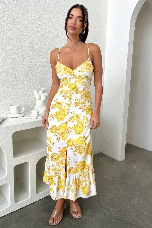 Party Dresses with Satin Trimmed Collar and Bow Back and Embroidered Skirt for Ladies' Classic and Intricate LookDilara Maxi Dress - Yellow Floral