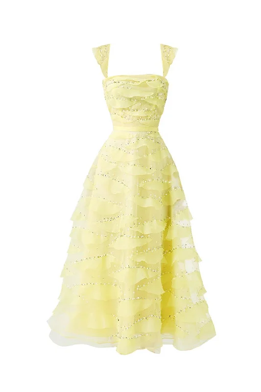 Midi dress for a wedding as a guest in a more casual weddingDillon Fit and Flare Square Neck Organza Midi Dress
