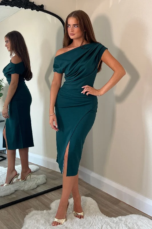Ruffled - sleeve midi dress for a charming and playful lookAriana Asymmetric Midi Dress Green Ruffled - sleeve midi dress for a charming and playful lookAriana Asymmetric Midi Dress Green