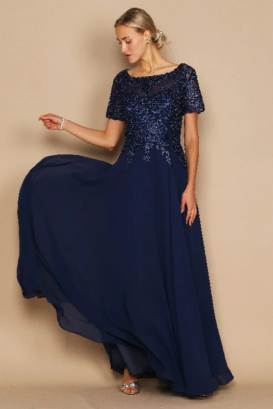 Backless Party Dresses with Rhinestone Embellishments for Ladies' Sexy LookDylan & Davids Short Sleeve Mother of the Bride Formal Dress