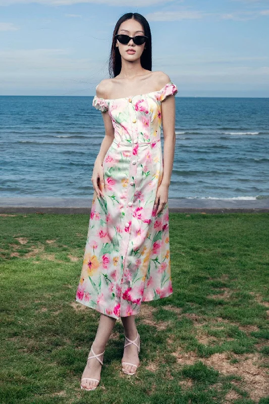 Off - the - shoulder midi dress for a flirty and romantic lookElena A-line Off-Shoulder Silk Satin Midi Dress Off - the - shoulder midi dress for a flirty and romantic lookElena A-line Off-Shoulder Silk Satin Midi Dress