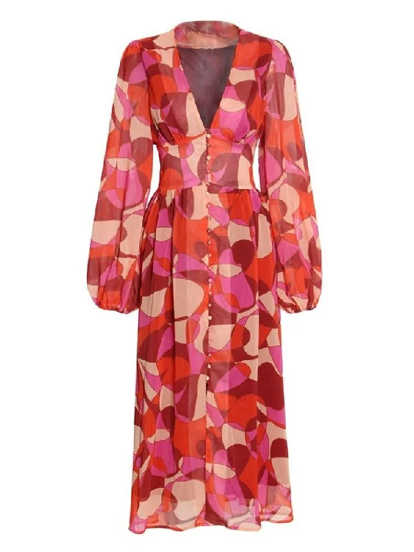 Printed - animal - pattern midi dress for a wild and trendy lookElle V Neck Long Sleeve Midi Dress - Red Print Printed - animal - pattern midi dress for a wild and trendy lookElle V Neck Long Sleeve Midi Dress - Red Print