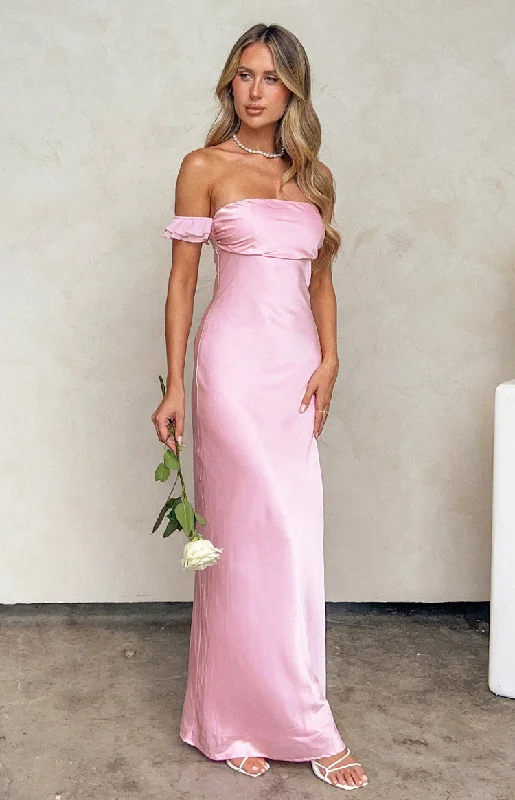 Party Dresses with Sheer Panels and Beaded Trim and Embroidered Paisley Patterns and Ruffled Hem for Ladies' Sultry and Exotic LookElvira Pink Satin Formal Maxi Dress