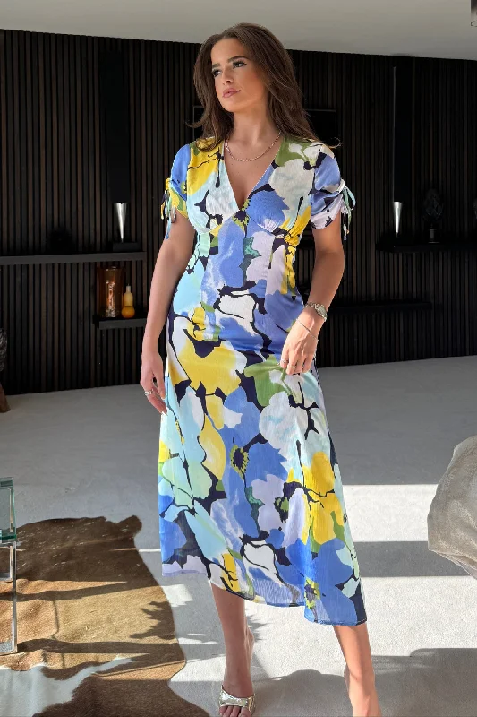 Cape - sleeve midi dress for a unique and stylish appearanceEmily Tie Sleeve Midi Dress Mixed Print Cape - sleeve midi dress for a unique and stylish appearanceEmily Tie Sleeve Midi Dress Mixed Print
