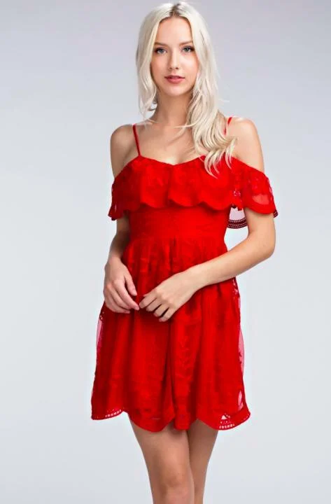 Party Dresses with Metallic Sequined Bodice and Chiffon Skirt and Sheer Back for Ladies' Glamorous and Sexy LookEndless Lace Red Off-the-Shoulder Dress