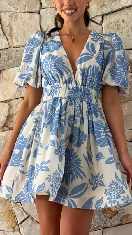 Organza Party Dresses with Sparkly Appliques for Ladies' Delicate and Dreamy LookErin Mini Dress - Blue Floral