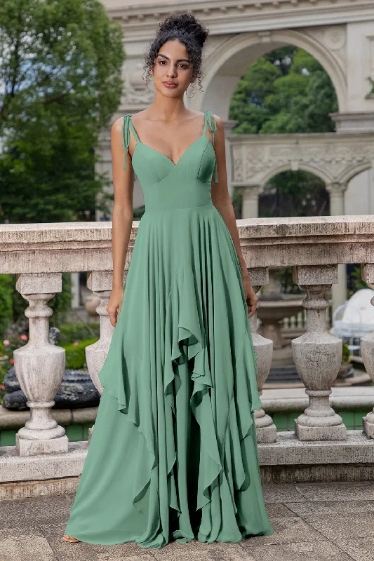 Party Dresses with Lace and Tulle Combo and Bow Accents for Ladies' Fairy Tale LookEucalyptus A Line Spaghetti Straps Long Bridesmaid Dress with Ruffles