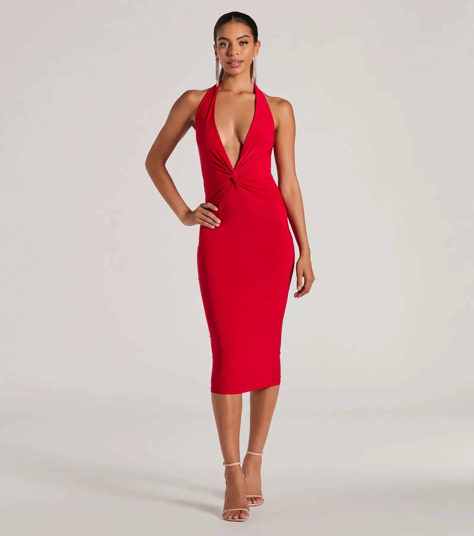 Long - train midi dress for a formal and dramatic lookEvening Of Sultry Plunge V-Neck Halter Midi Dress Long - train midi dress for a formal and dramatic lookEvening Of Sultry Plunge V-Neck Halter Midi Dress