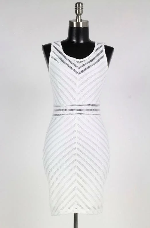 Party Dresses with Sequined Hearts and Ruffled Hem and Satin and Lace Combo for Ladies' Romantic and Feminine LookExpectations Mesh White Chevron Striped Dress