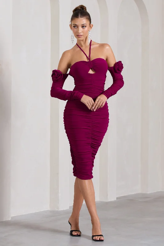 70s - inspired bohemian midi dress with a free - spirited lookExtra Special | Dark Cherry Ruched Halter-Neck Midi Dress With Flowers 70s - inspired bohemian midi dress with a free - spirited lookExtra Special | Dark Cherry Ruched Halter-Neck Midi Dress With Flowers