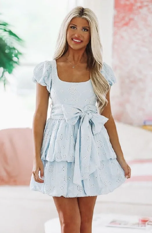 Wrap Style Party Dresses with Belt for Ladies' Comfortable and Stylish OutfitEyelet In the Garden Mini Dress - Light Blue