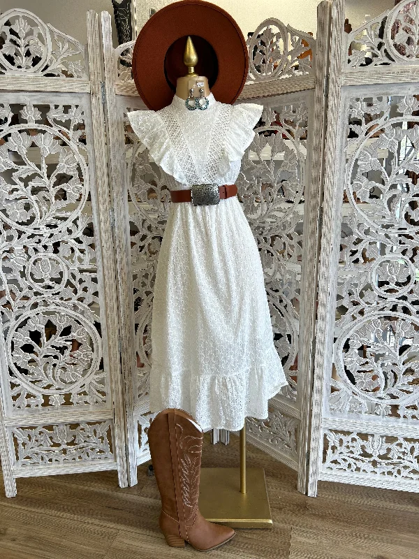 Backless midi dress for a sexy and glamorous appearanceEyelet Ruffle Midi Dress-  Not Stretchy