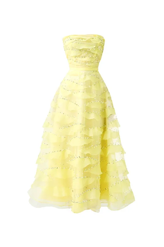 Midi dress for a movie night with a cozy sweater or jacketFatima Fit and Flare Straight Across Neck Organza Midi Dress