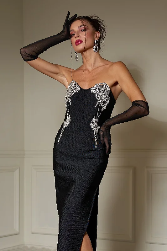 Chiffon Party Dresses with Embroidered Cuffs for Ladies' Elegant TouchFaustina Black Charm Evening Dress