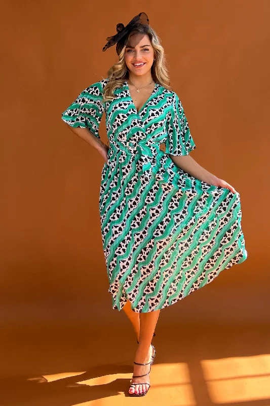 Designer - brand midi dress with a high - end labelFelicia Cow Print With Green Highlights Pleated Midi Dress Designer - brand midi dress with a high - end labelFelicia Cow Print With Green Highlights Pleated Midi Dress