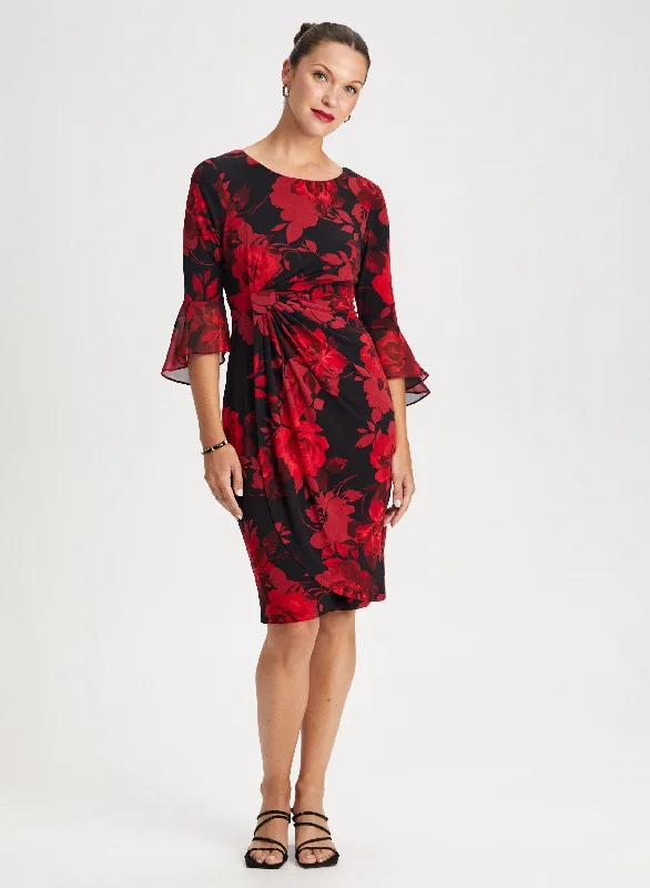 Lace Trimmed Party Dresses with Bow Back for Ladies' Dainty and Feminine LookFlounce Sleeve Floral Dress