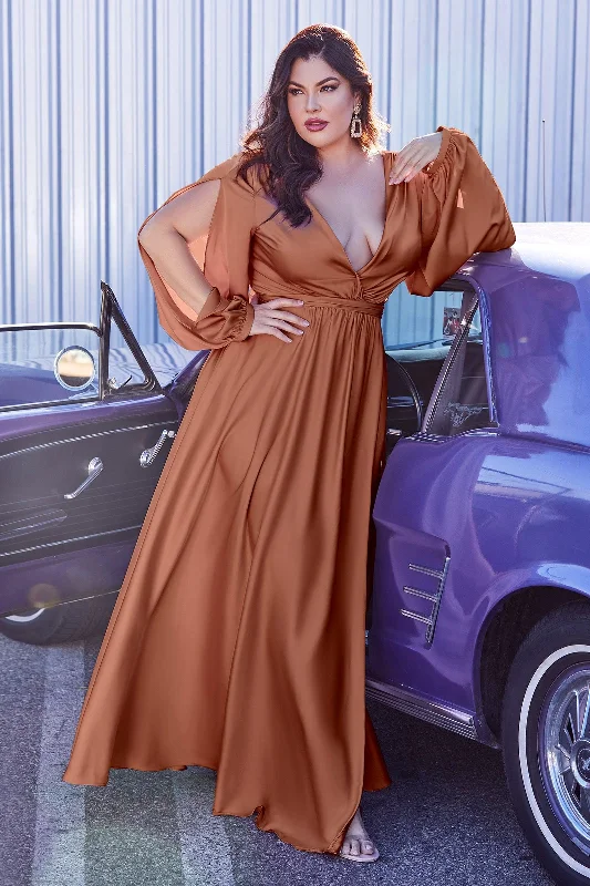 Embroidered Party Dresses with Metallic Thread for Ladies' Cultural FestivalsCinderella Divine 7475C Plus Size Formal Long Sleeve Satin Dress
