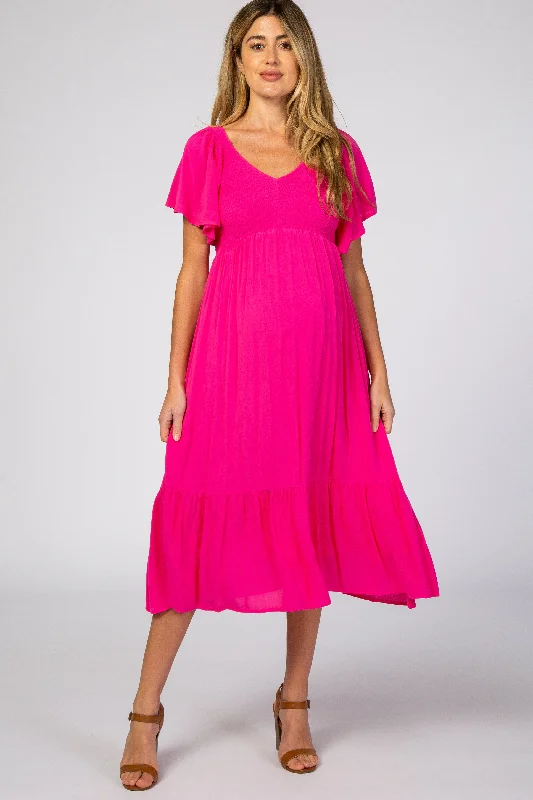 Dresses with Beaded Floral Wreath on the Bodice and High Low Hem for Ladies' Delicate and Dramatic LookFuchsia Smocked Ruffle Maternity Dress Dresses with Beaded Floral Wreath on the Bodice and High Low Hem for Ladies' Delicate and Dramatic LookFuchsia Smocked Ruffle Maternity Dress