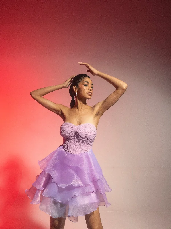 Party Dresses with Sheer Sleeve and Sequined Cuffs and Embroidered Bodice for Ladies' Elegant and Sparkly LookGemma Lavender Ombre Ruched Mesh Corset Dress