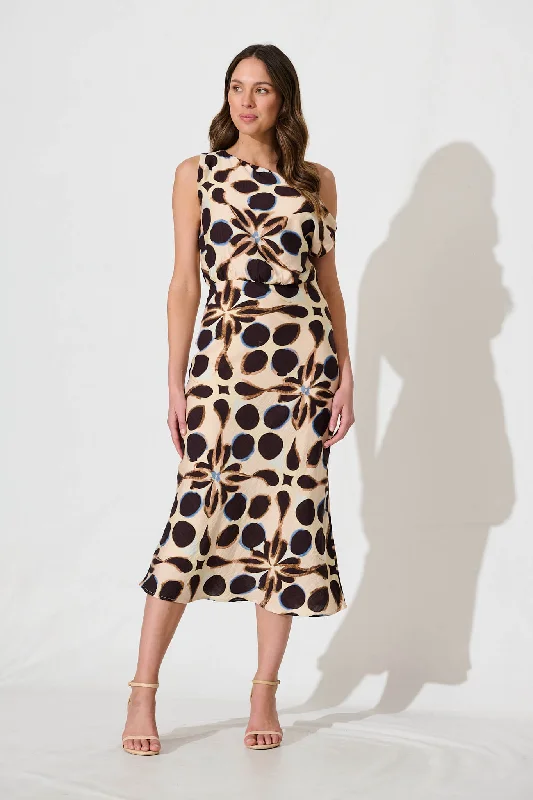 Midi dress for a business - casual setting when paired with a blazerGeorgiana Midi Dress in Beige with Multi Brown Spot Midi dress for a business - casual setting when paired with a blazerGeorgiana Midi Dress in Beige with Multi Brown Spot
