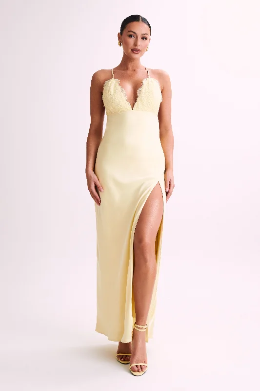 Party Dresses with Ruffled Sleeveless Top and Sequined Bodice and Tulle Skirt for Ladies' Dramatic and Glamorous LookGina Satin Slip Maxi Dress With Lace - Lemon