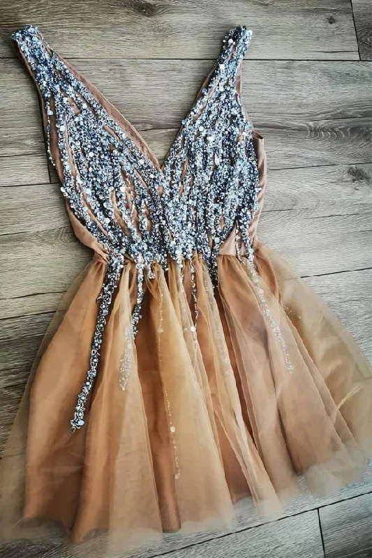Plus Size Sequined Maxi Party Dresses for Curvy LadiesGorgeous V Neck Peach Homecoming Dress Party Dress with Pearls  PD417