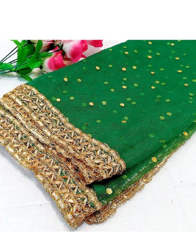Party Dresses with Sheer Panels and Beaded Trim and Embroidered Paisley Patterns for Ladies' Sultry and Exotic LookGota Lace Net Dupatta - Green (DZ15000)
