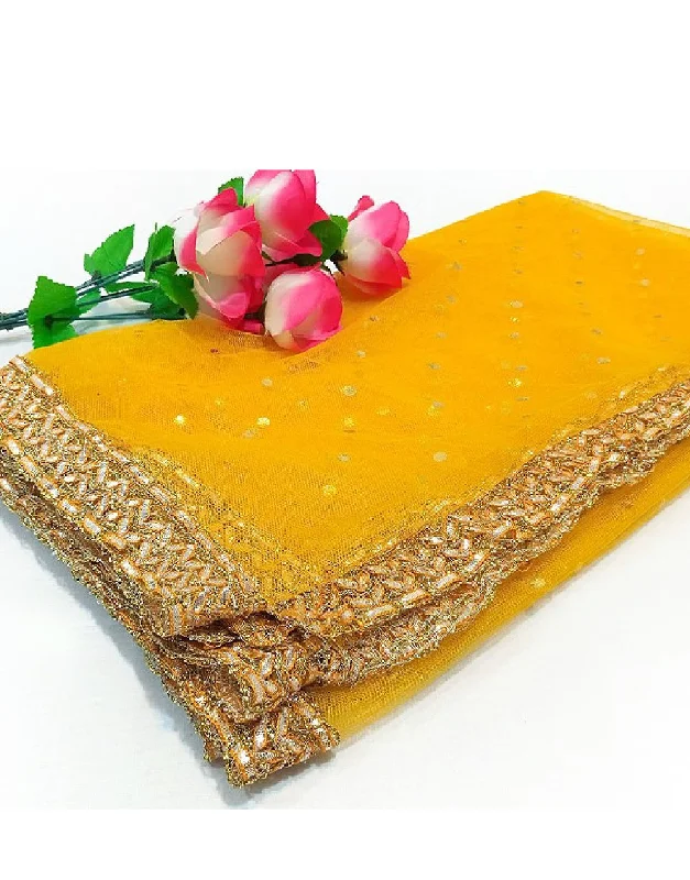 Party Dresses with Sequined Dots and Sheer Skirt for Ladies' Playful and Sultry LookGota Lace Net Dupatta - Yellow (DZ15002)