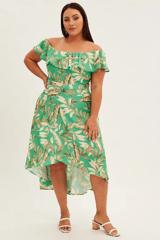 Party Dresses with Satin Trimmed Collar and Ruffled Hem for Ladies' Classic and Girly LookGreen Floral Maxi Dress Off Shoulder Crepe