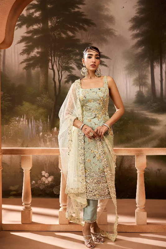 Party Dresses with Beaded Floral Wreath on the Bodice and High Low Hem for Ladies' Delicate and Dramatic LookSimran Sage Green Jacquard Kurta Set