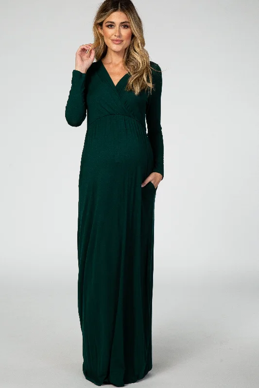 Dresses with Sequined Bodice and Chiffon Overlay for Ladies' Elegant ContrastGreen Long Sleeve Maternity Nursing Maxi Dress