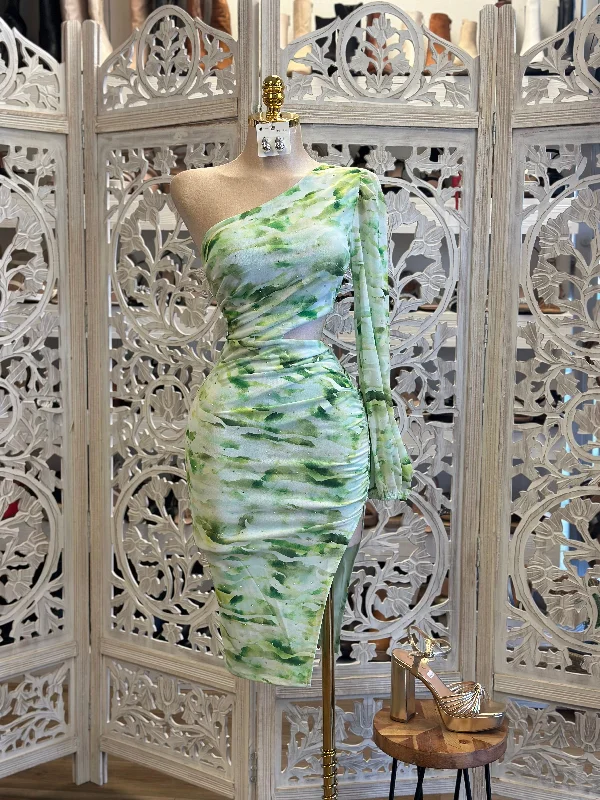 Party Dresses with Embroidered Floral Patterns and Tassel Hem and Sequined Bodice for Ladies' Bohemian and Glamorous LookGreen Patterned One Sleve Dress - Estira, Stretchy