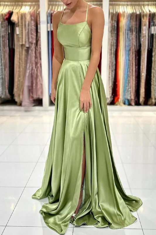 Striped Party Dresses with Button Front for Ladies' Classic and Timeless LookGreen Satin Simple A Line Backless Long Prom Dresses with Leg Slit  PSK381