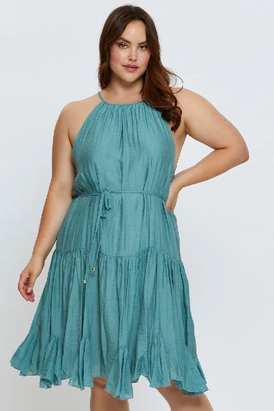 Party Dresses with Sheer Panels and Beaded Trim and Embroidered Paisley Patterns and Ruffled Hem for Ladies' Sultry and Exotic LookGreen Skater Dress Halter Sleeveless Ruffle Hem
