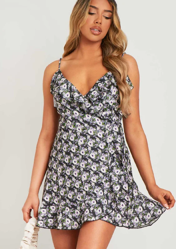 Metallic Party Dresses with Sequined Straps for Ladies' New Year's Eve PartiesHaila Black Ditsy Floral Wrap Mini Frill Dress