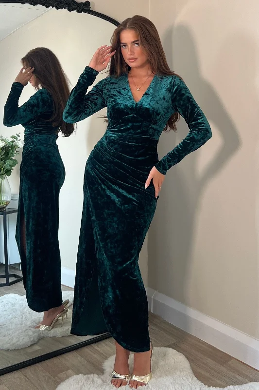 Contemporary - designed midi dress with modern detailsHailey Green Velvet Asymmetric Wrap Midi Dress Contemporary - designed midi dress with modern detailsHailey Green Velvet Asymmetric Wrap Midi Dress