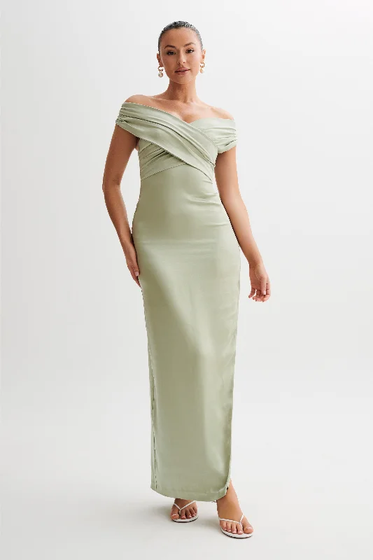 Plunging Neckline Party Dresses with Sequined Trim for Ladies' Glamorous EventsHarley Off Shoulder Satin Maxi Dress - Sage