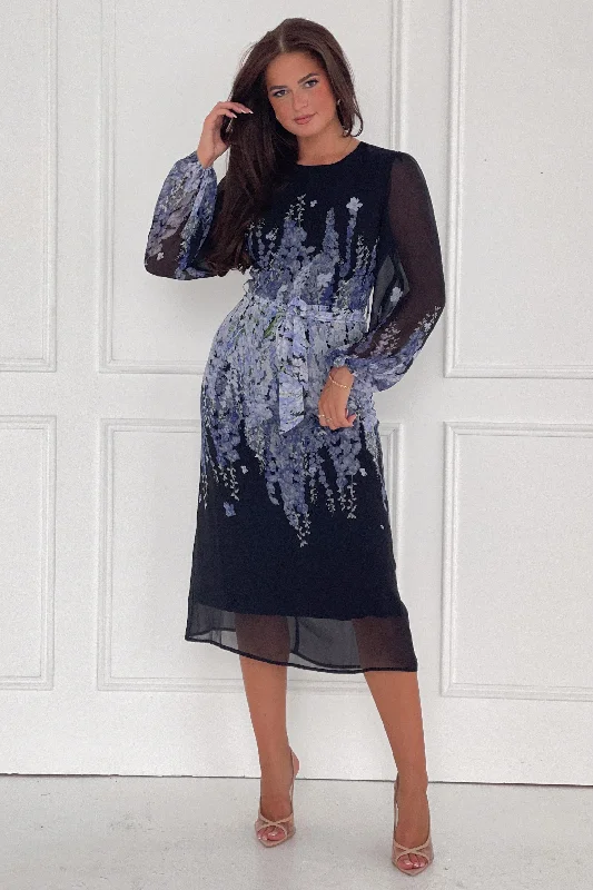 Ruched midi dress for a figure - hugging and flattering fitHarlow Purple Floral Belted Long Sleeve Midi Dress Ruched midi dress for a figure - hugging and flattering fitHarlow Purple Floral Belted Long Sleeve Midi Dress