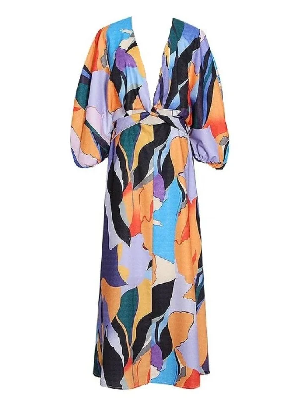 Satin midi dress for a smooth and shiny finishHarmony V Neck Long Sleeve Midi Dress - Blue Print