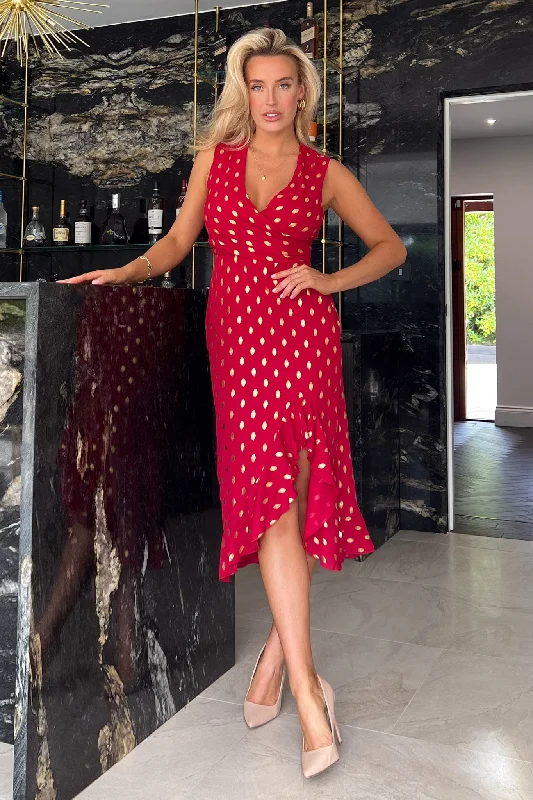 Tea - length midi dress for a classic and elegant lengthHendrix Red Asymmetric Wrap Midi Dress Tea - length midi dress for a classic and elegant lengthHendrix Red Asymmetric Wrap Midi Dress