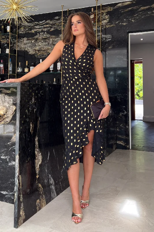 Affordable midi dress for budget - conscious shoppersHendrix Black and Gold Asymmetric Wrap Midi Dress Affordable midi dress for budget - conscious shoppersHendrix Black and Gold Asymmetric Wrap Midi Dress