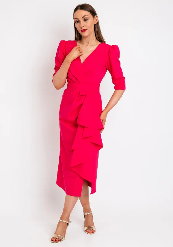 Stretch - fabric midi dress for a flexible and body - hugging fitHerysa Clarisa Ruffle Drape Front Midi Dress, Fuchsia Stretch - fabric midi dress for a flexible and body - hugging fitHerysa Clarisa Ruffle Drape Front Midi Dress, Fuchsia
