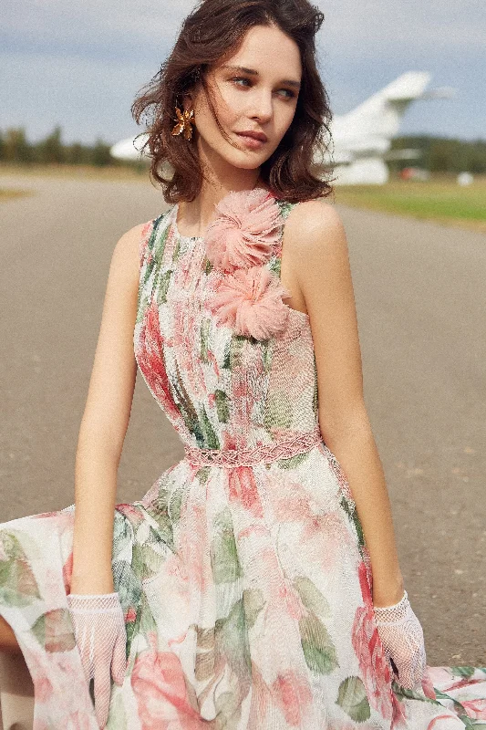 Party Dresses with Embroidered Tribal Patterns and Satin Sash for Ladies' Cultural and Stylish LookHigh Neck Flower Print Maxi Dress